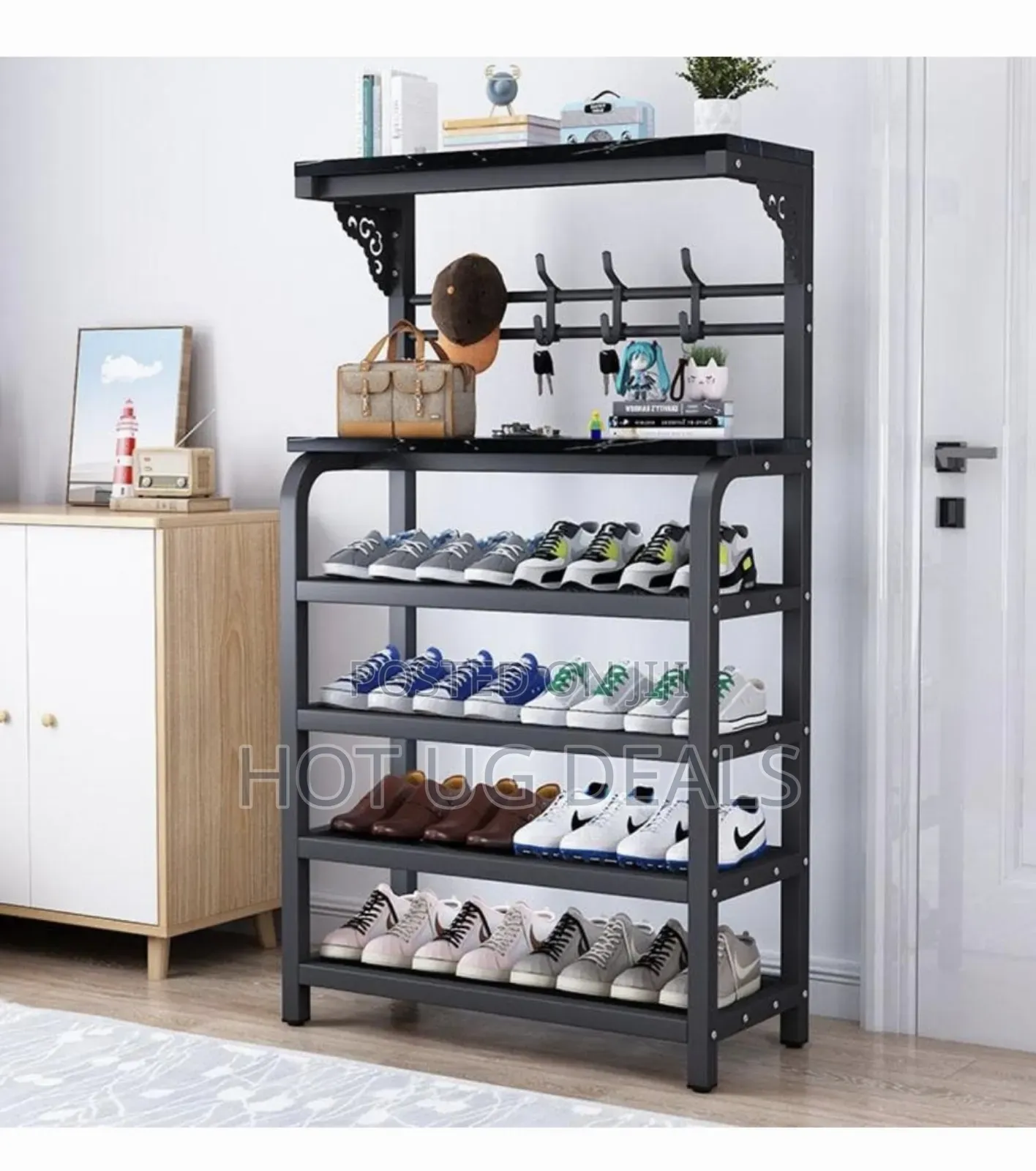Metal Shoe Rack With 4 Levels Freestanding With Hooks