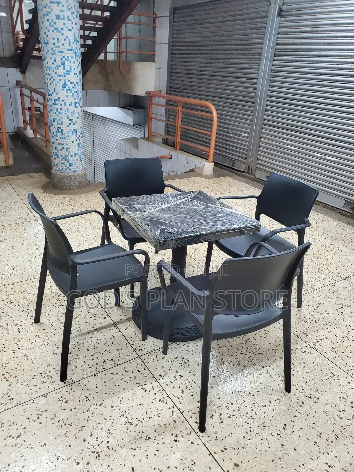 Plastic Square Table and Black Chairs Armed Set