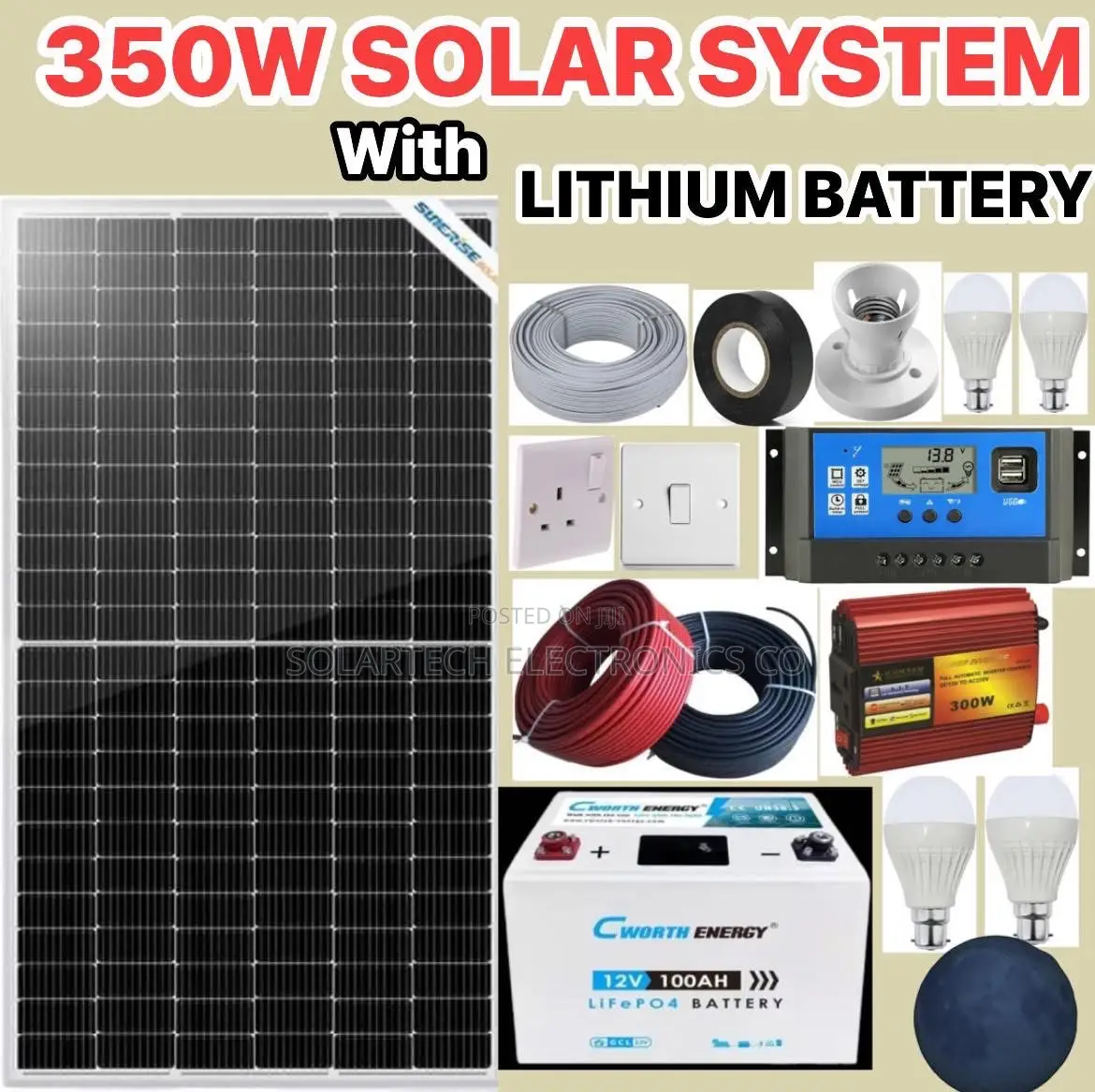 350w Solar Power System Kit / Includes Lithium Ion Battery