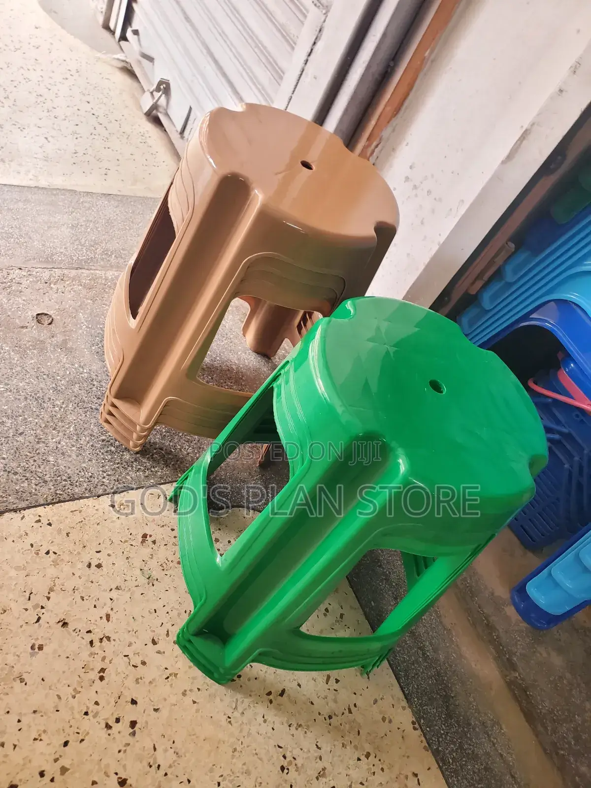 Brown and Green Plastic Stools