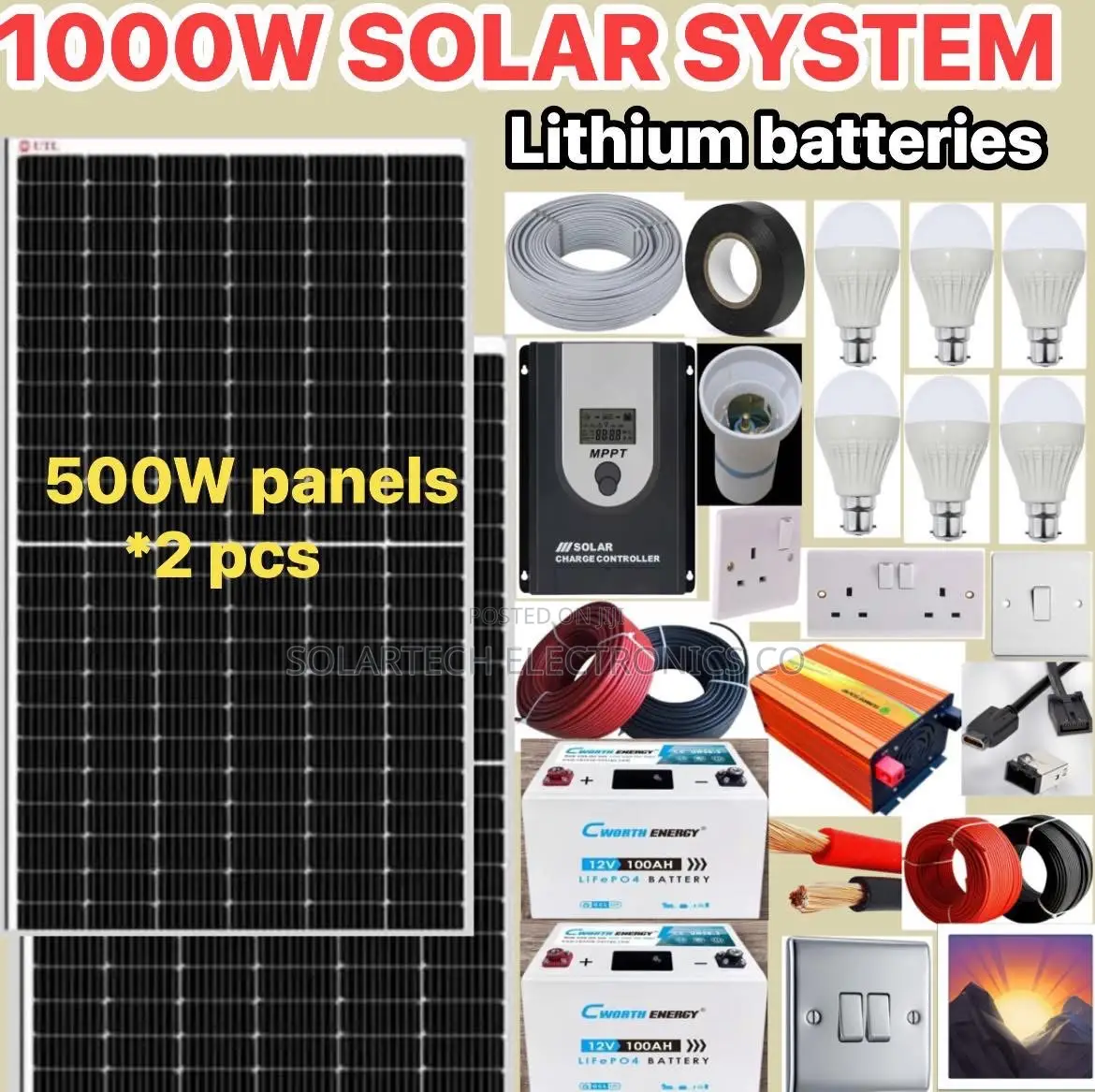 1000w Solar Powered System Kit / Lithium Battery Storage
