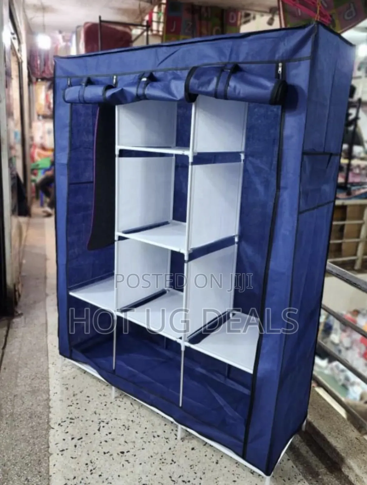 3 Column Cloth Wooden Frame Portable Wardrobe – Blue