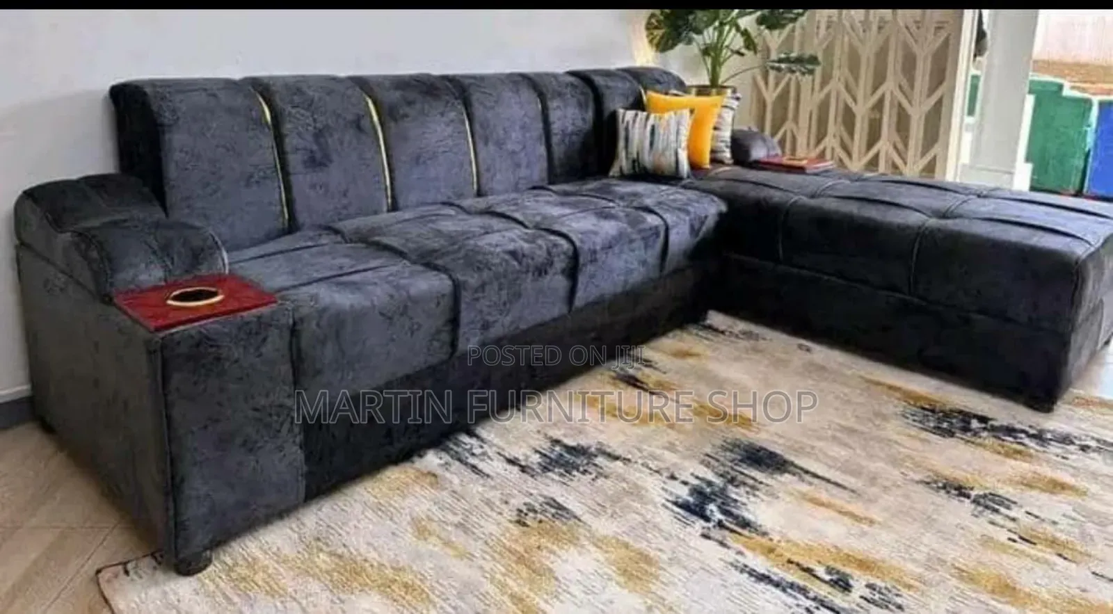 Grey Full Sofa Set With Golden Strips in the Back