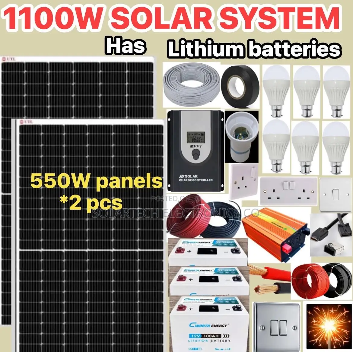 1100w Durable Solar System Full Kit With Lithium Batteries