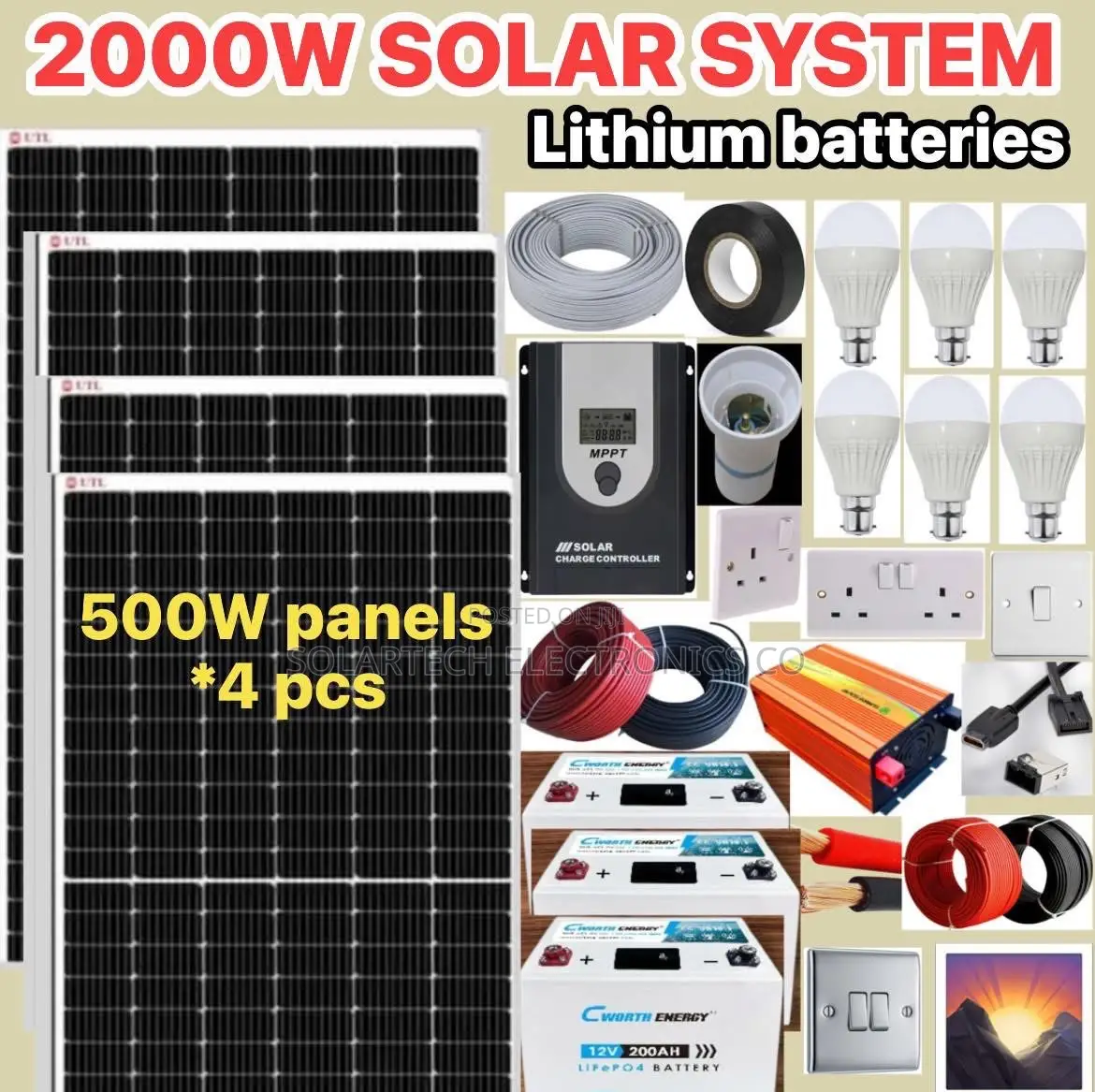2000w Durable Solar Power Full Kit With Lithium Batteries