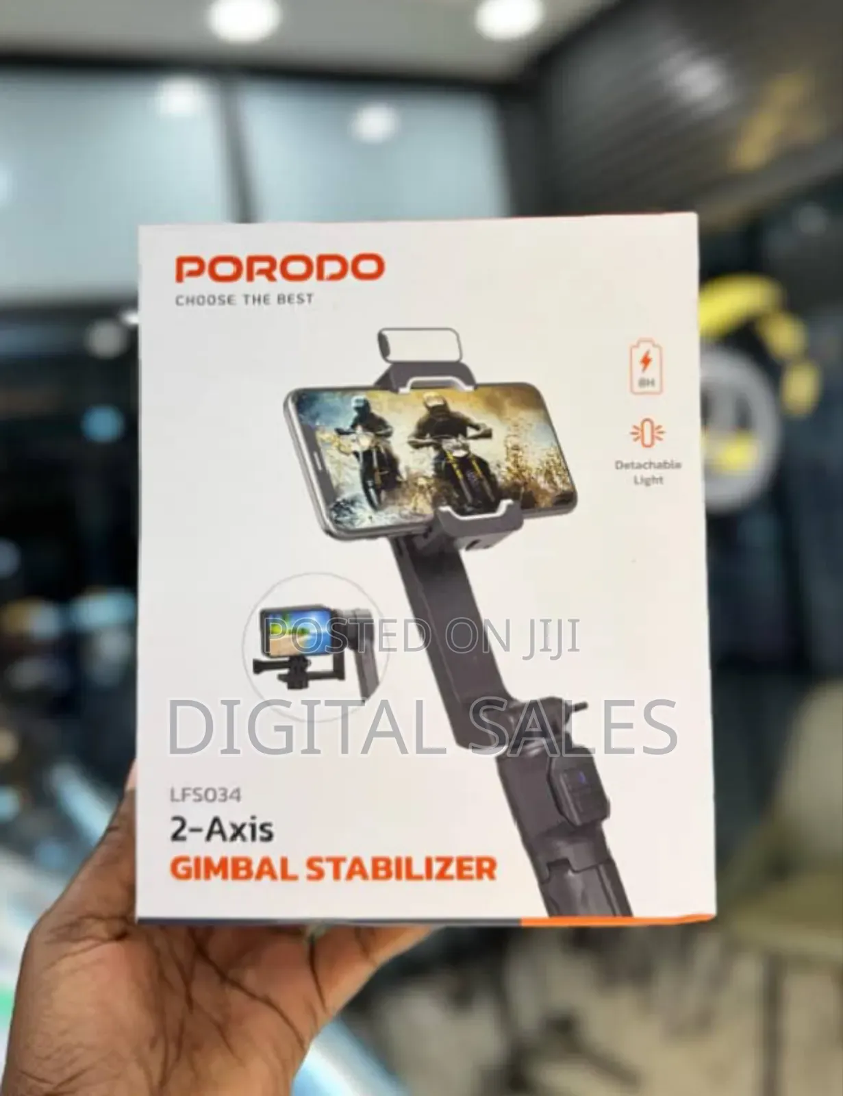 Porodo 2-Axis Gimbal Stablizer, Detachable 3 Light, Tripod
