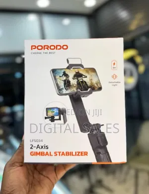 Porodo 2-Axis Gimbal Stablizer, Detachable 3 Light, Tripod