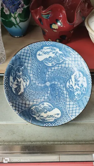 Japanese White Clay Ceramic Plate With a Blue Pattern Design