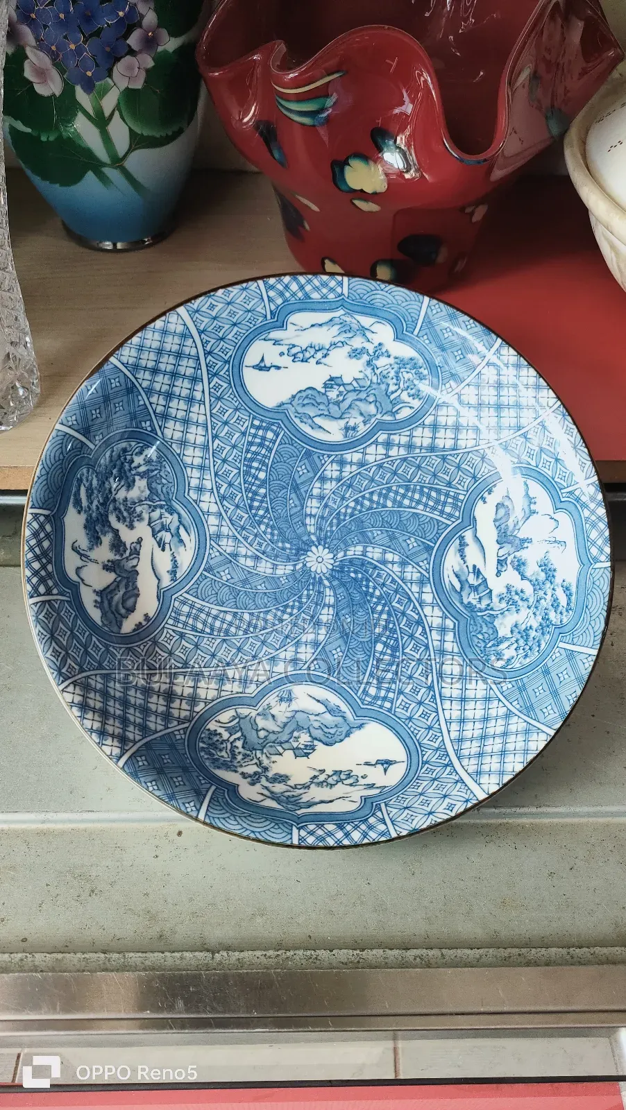 Japanese White Clay Ceramic Plate With a Blue Pattern Design