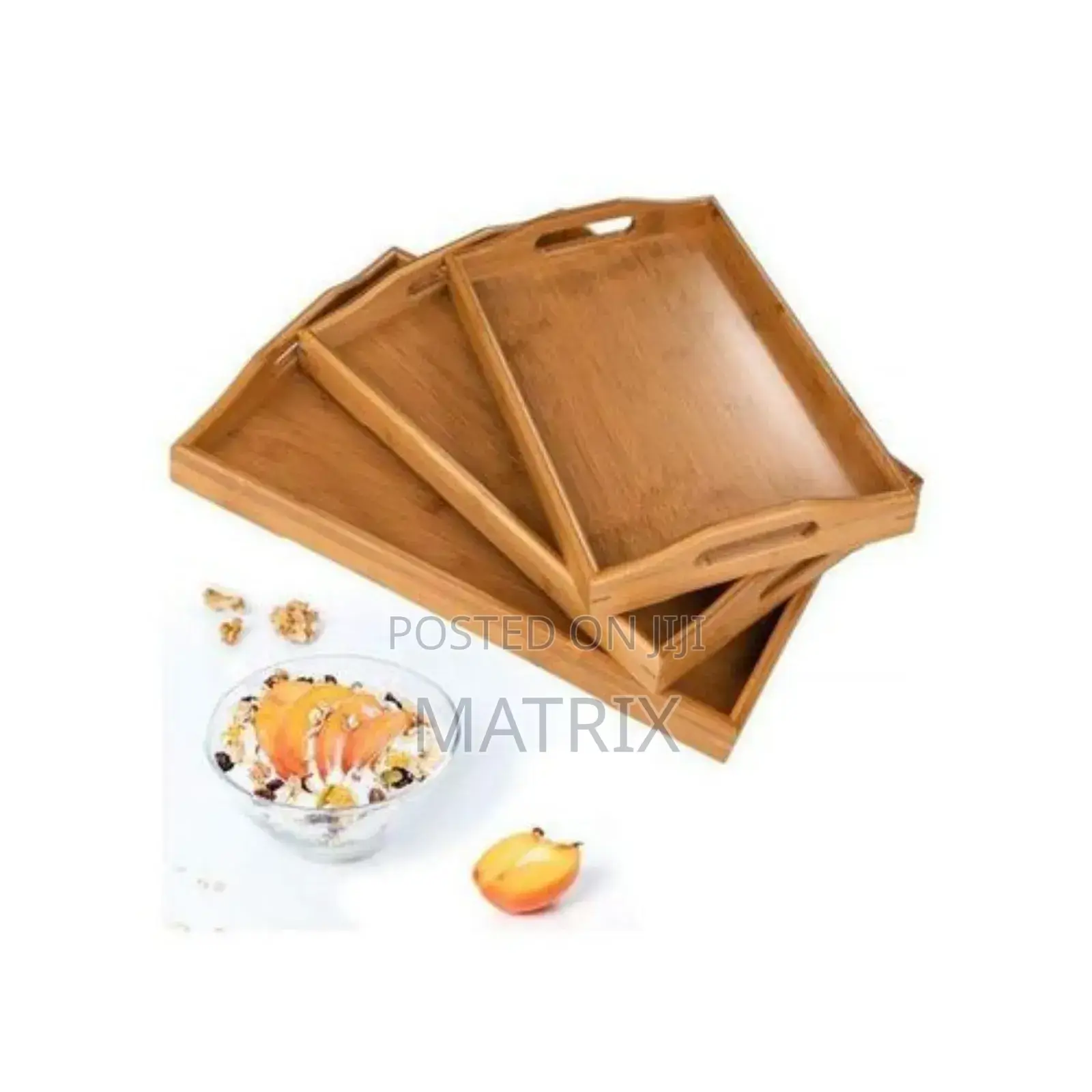 3 Piece Wooden Bamboo Serving Trays Platter - Brown