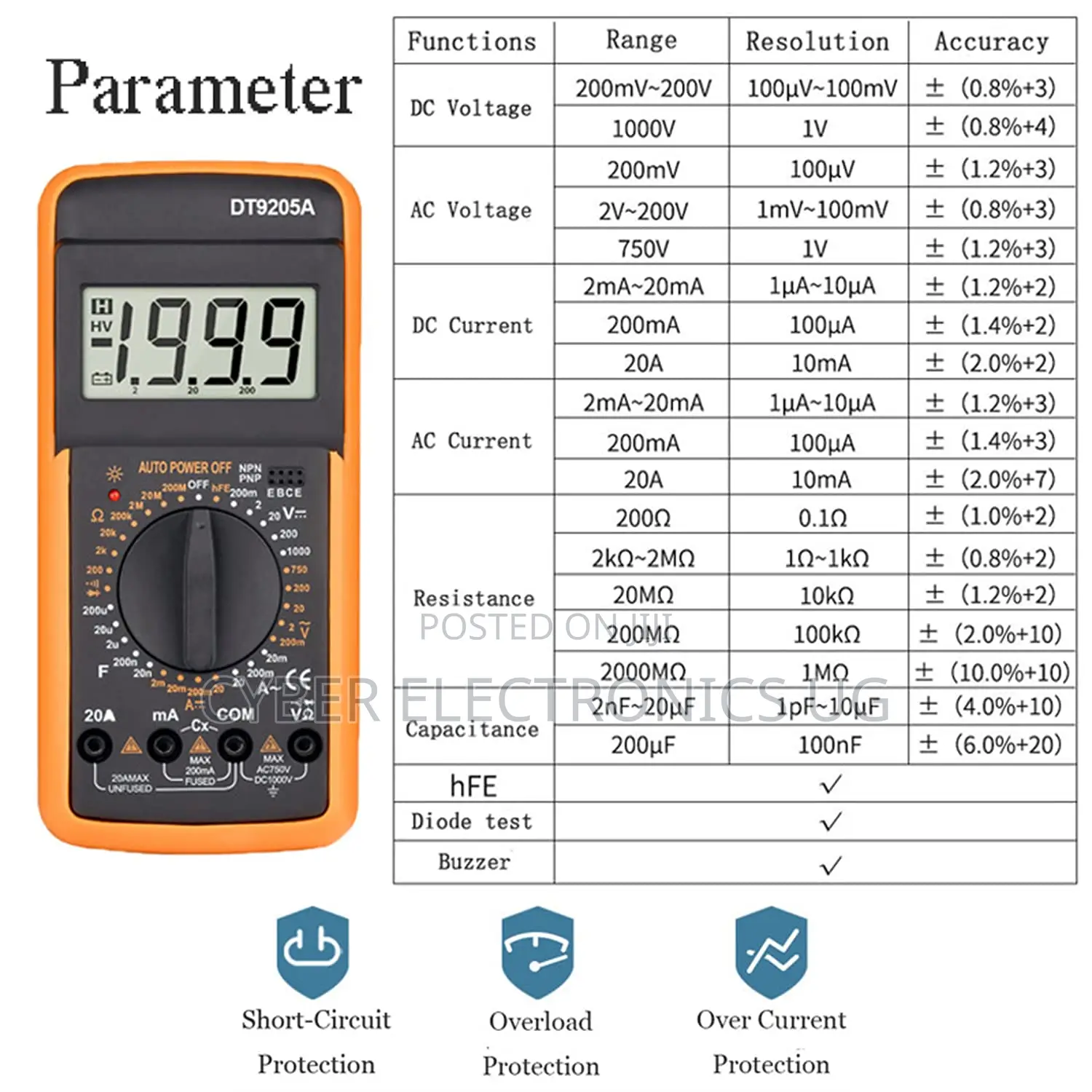 Dt-9205a Digital Multimeter Handheld Ac/Dc Volt Amp