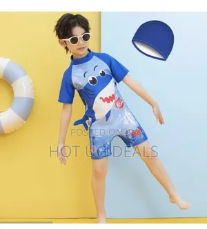Kids Cute Boy Swimsuit Onepiece With Cap (3 To 12 Yrs)