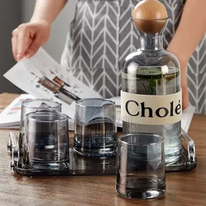 1.2l Smoked Glass Bottle، Wooden Ball Lid 4x250ml Glass Cups