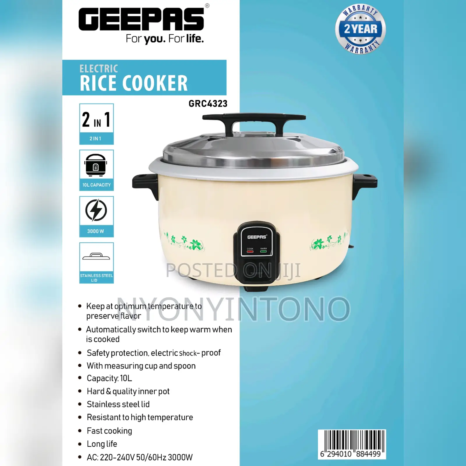 Geepas 10liters Automatic Rice Cooker 2yrs Warranty