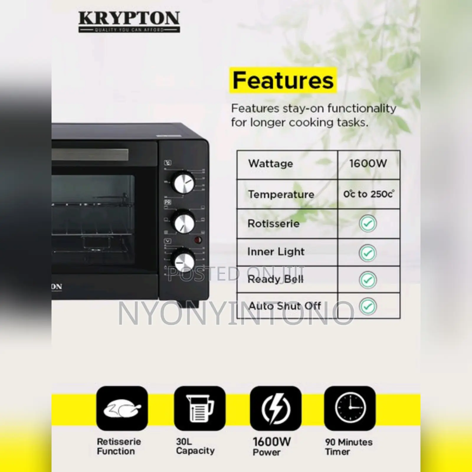 Krypton 30 Liters High-Quality Electric Oven