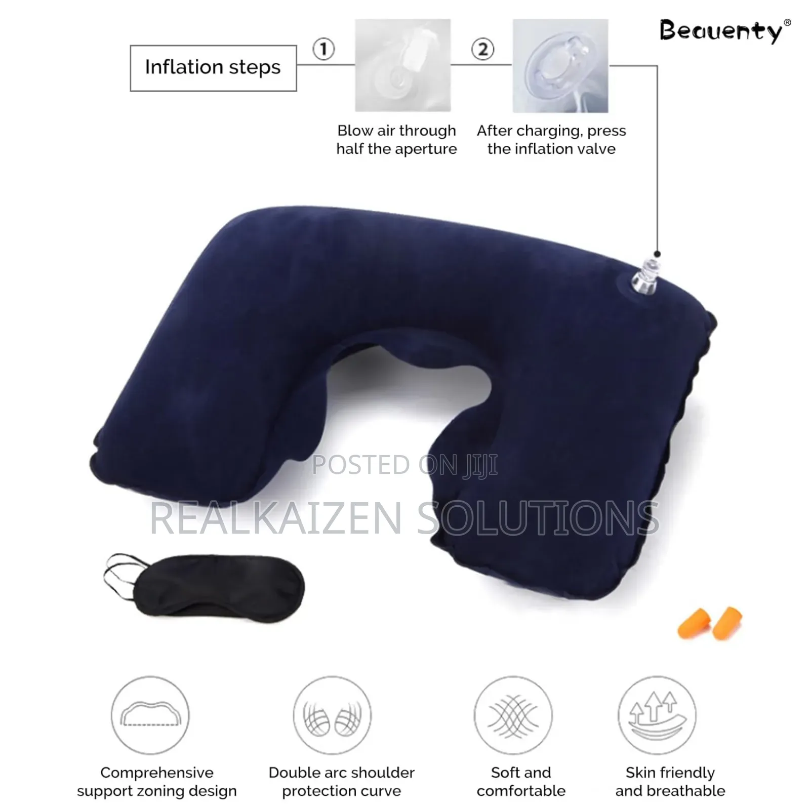 3d Inflatable Flocked Pillow| Eye Mask| Ear Plugs Travel Set