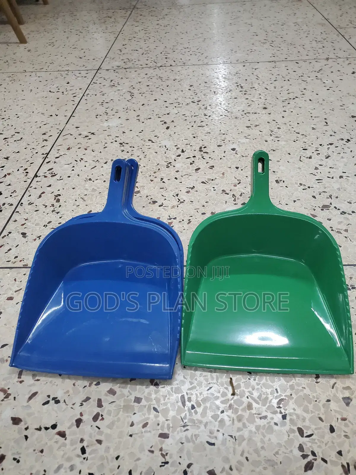 Blue and Green Plastic Dust Pans