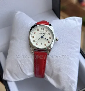 Red Strapped Women's Designer Cartier Wrist Time Piece