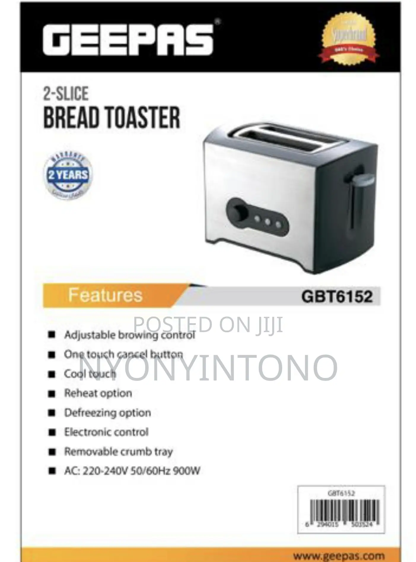 Geepas 2slice Bread Toaster GBT- 6152