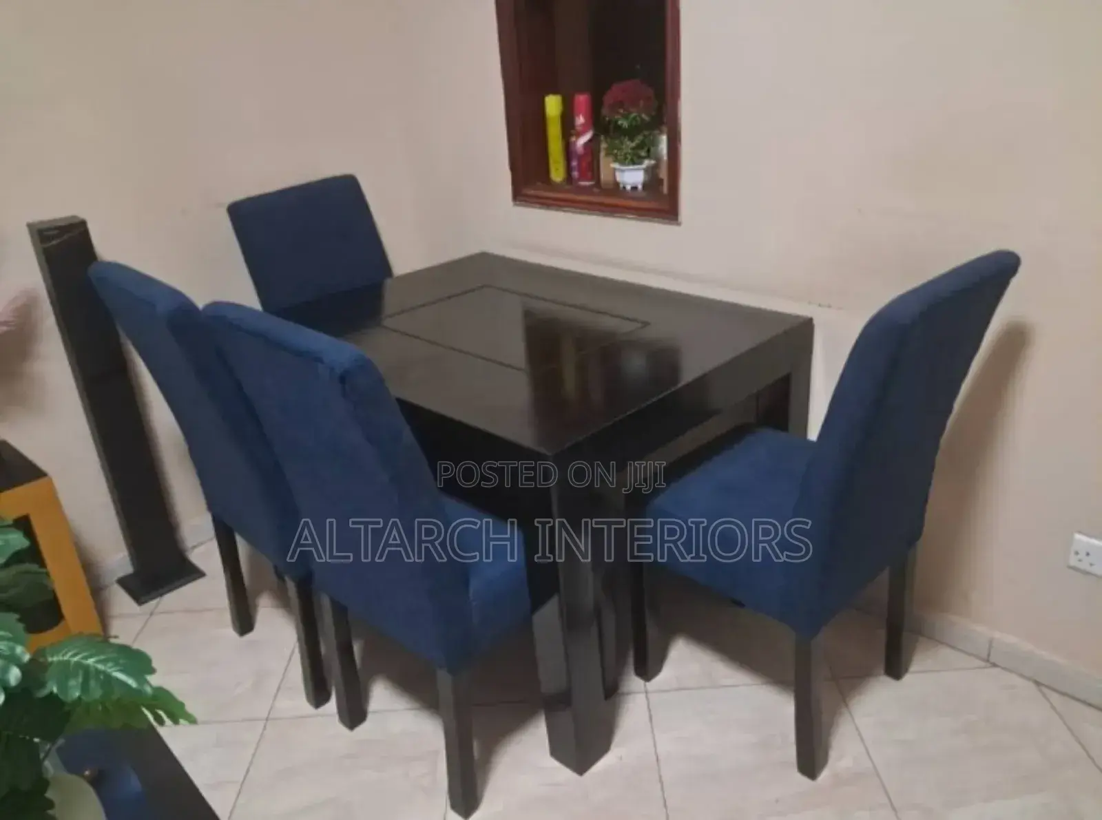Blue Dressed 4 Seater Dining and Black Table