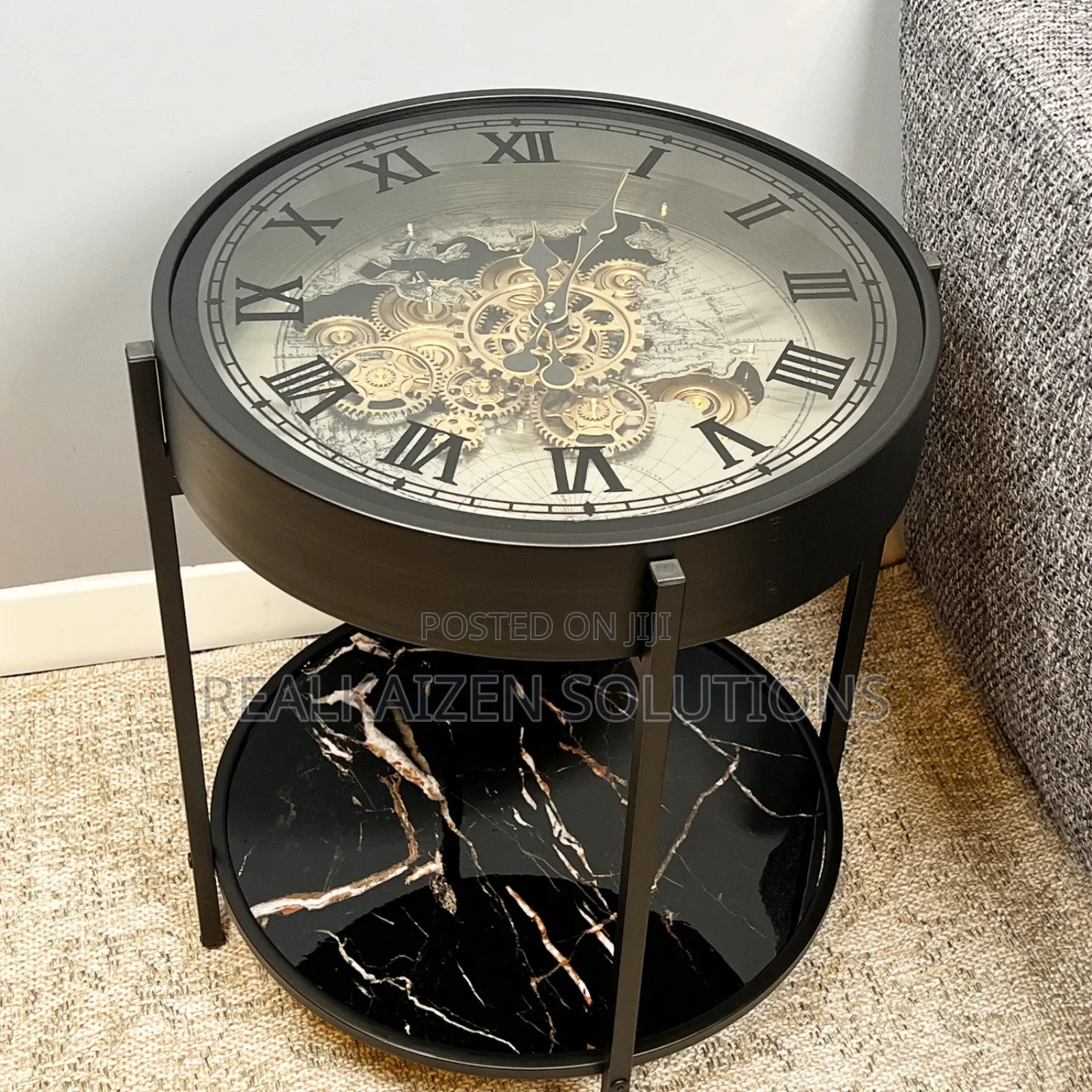 World Map Metal Side Table Clock With Moving Gears 67cm