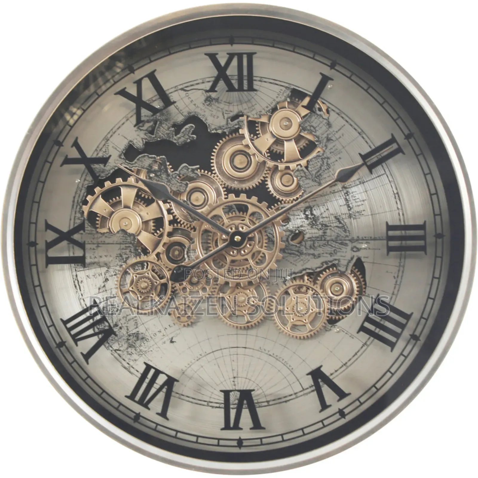 World Map Metal Side Table Clock With Moving Gears 67cm