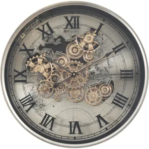 World Map Metal Side Table Clock With Moving Gears 67cm