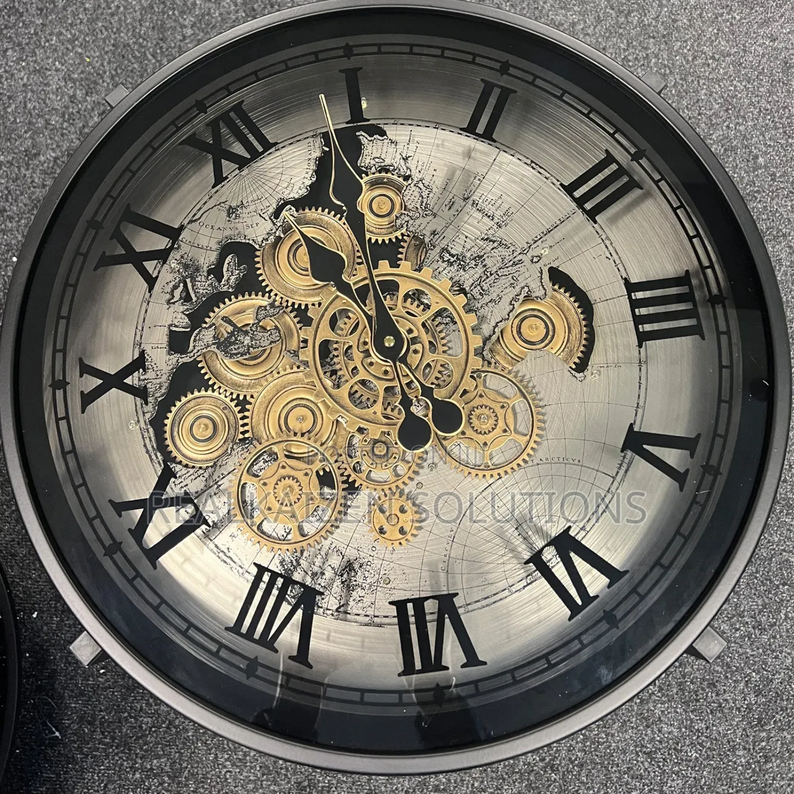 World Map Metal Side Table Clock With Moving Gears 67cm