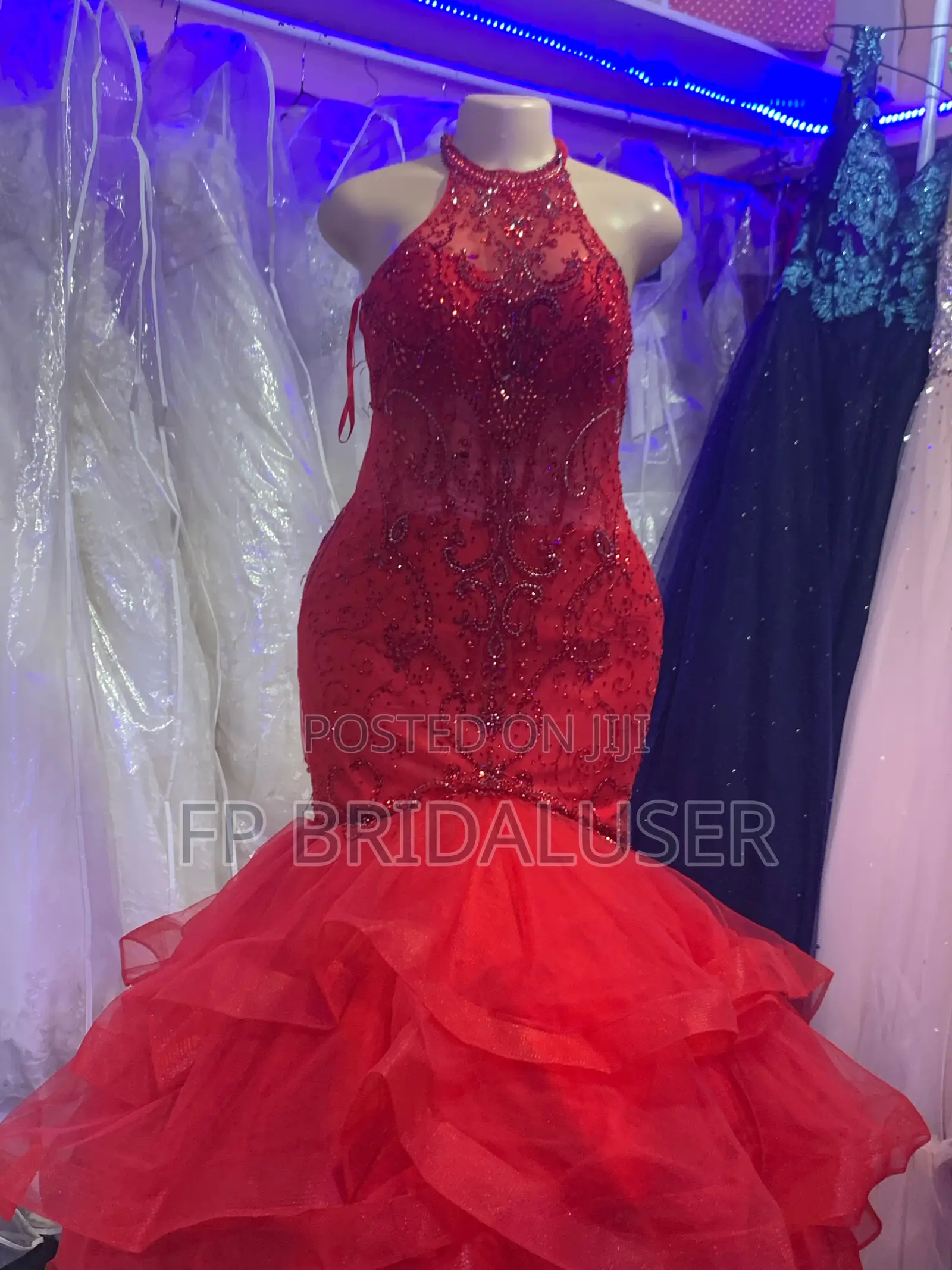 Classy Red Mermaid Pearled Dress for Hire