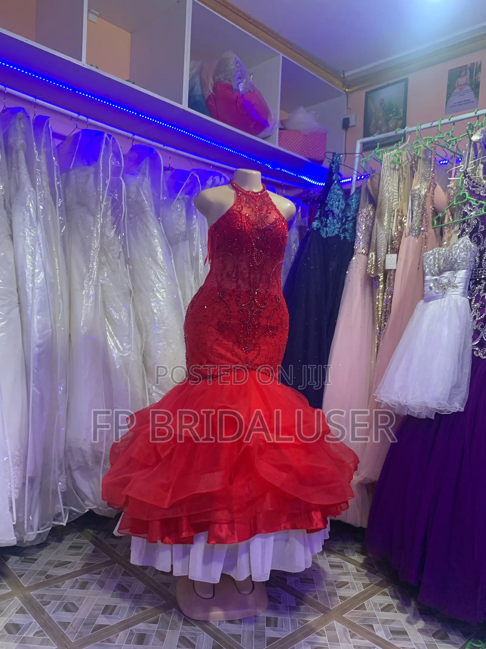 Classy Red Mermaid Pearled Dress for Hire