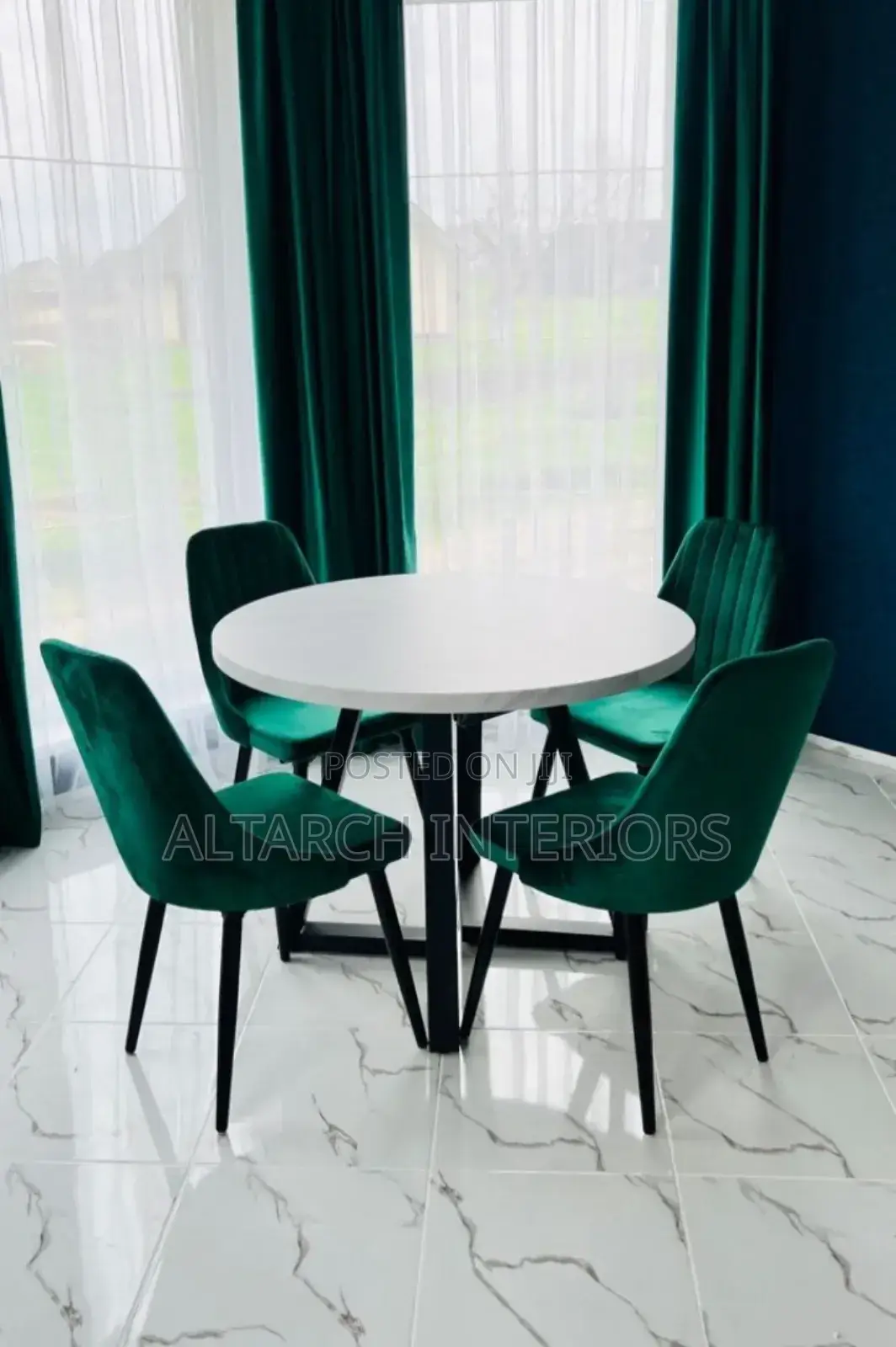 4 Seater Round White and Green Dining Set
