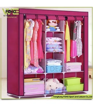 Portable Wardrobe 3 Column Cloth With Metallic Stands- Pink