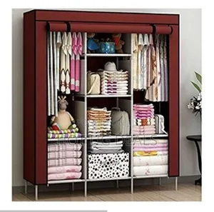 Portable Wardrobe 3 Column Cloth With Metallic Stands-maroon