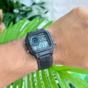 Casio Watch Digital World Time Black Leather Band Men's
