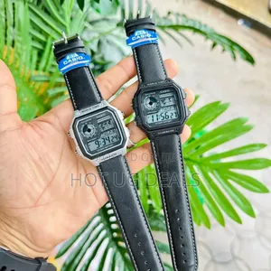 Casio Watch Digital World Time Black Leather Band Men's