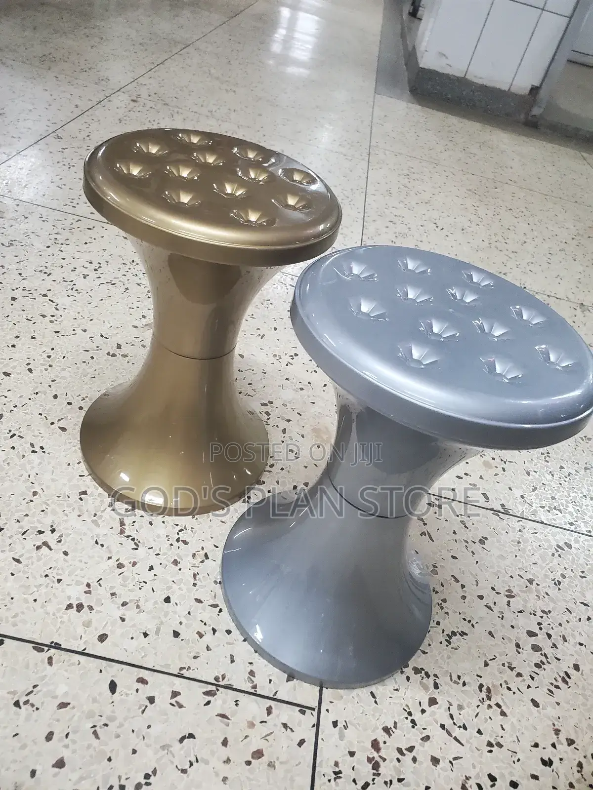 Gray and Gold Plastic Drum Stools