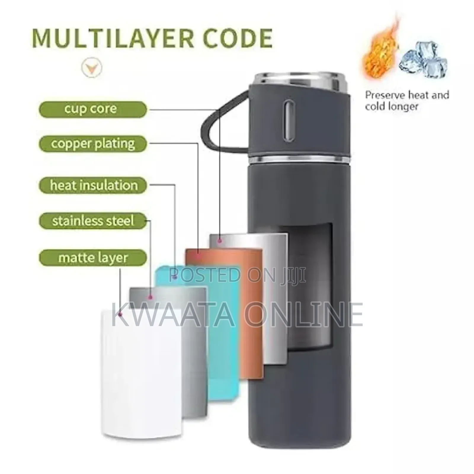 Vacuum Flask Set With 3 Steel Cups Combo For Drinks- 500ml