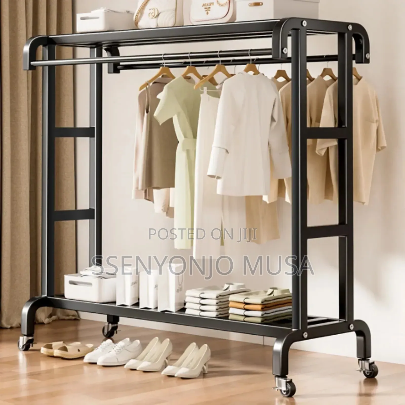 Modern Steel Coat Rack With Double Rods Shelves - 120cm