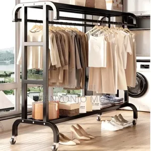 Modern Steel Coat Rack With Double Rods Shelves - 120cm