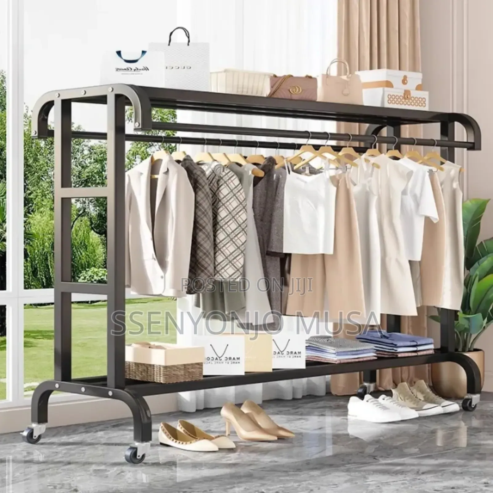 Modern Steel Coat Rack With Double Rods Shelves - 120cm