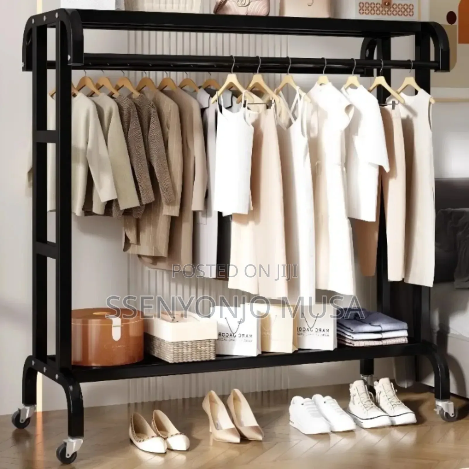 Modern Steel Coat Rack With Double Rods Shelves - 120cm