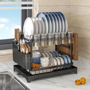 2 Tier Dish Drying Rack Drainer With Drainboard - Black