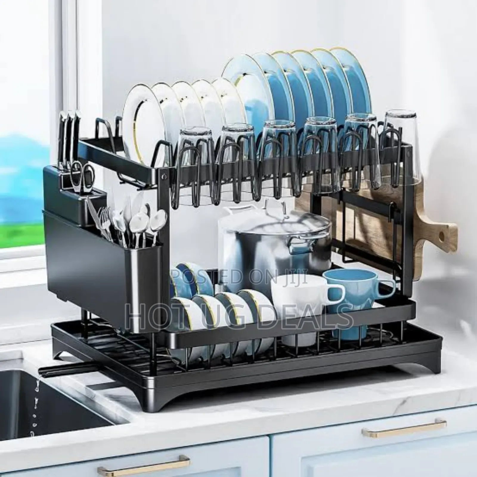 2 Tier Dish Drying Rack Drainer With Drainboard - Black
