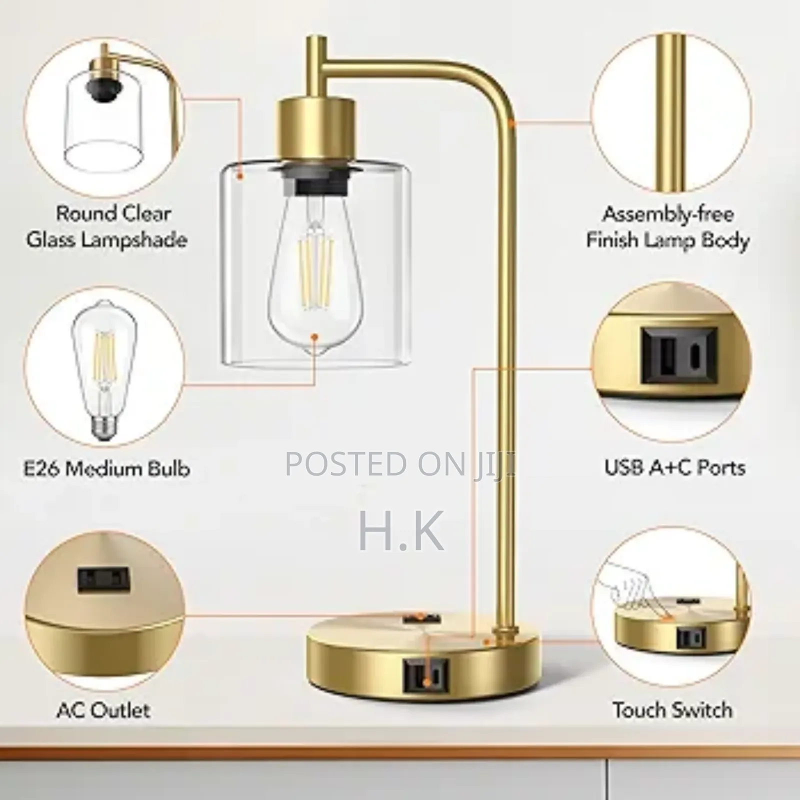 Touch Control Table Lamp With Usb A+C Ports And Ac Outlet