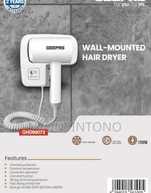 Geepas Wall Mounted Hair Dryer GHD-86073 2yrs Warranty