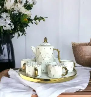 Rotating Tray, Cups and Kettle Gold White