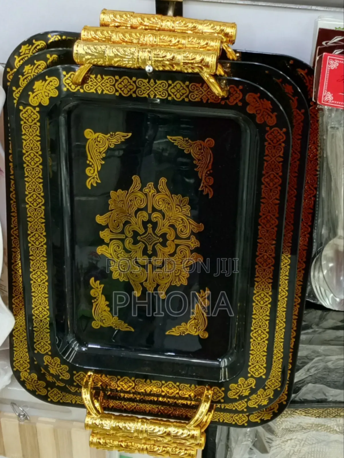 Set of 3 Black Gold Serving Trays