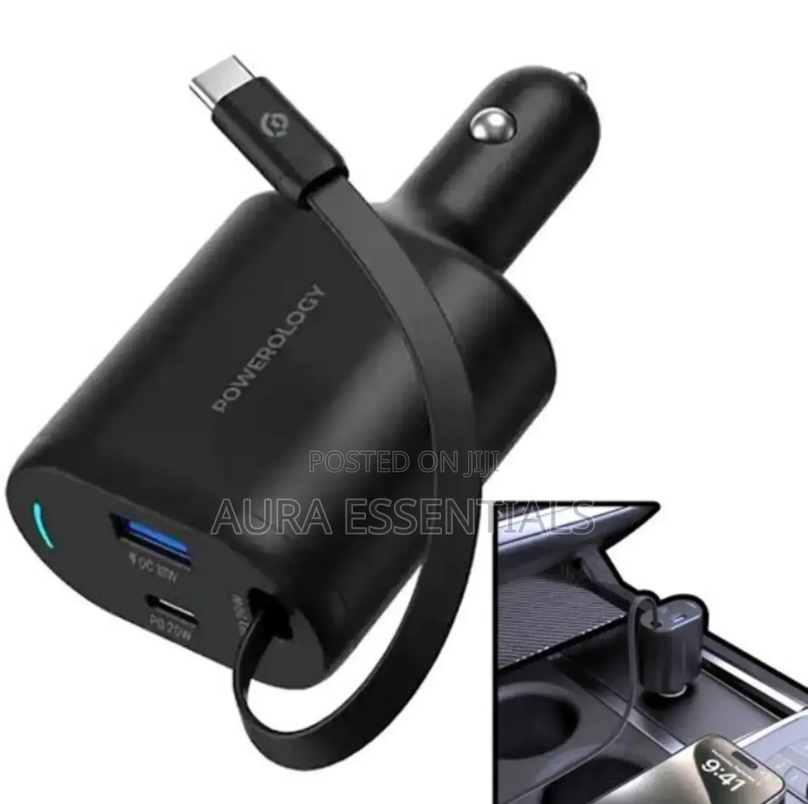 Powerology Type-C Retractable Car Charger 65w
