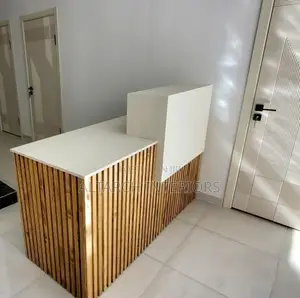 White and Brown Vertical Designed Reception Counter