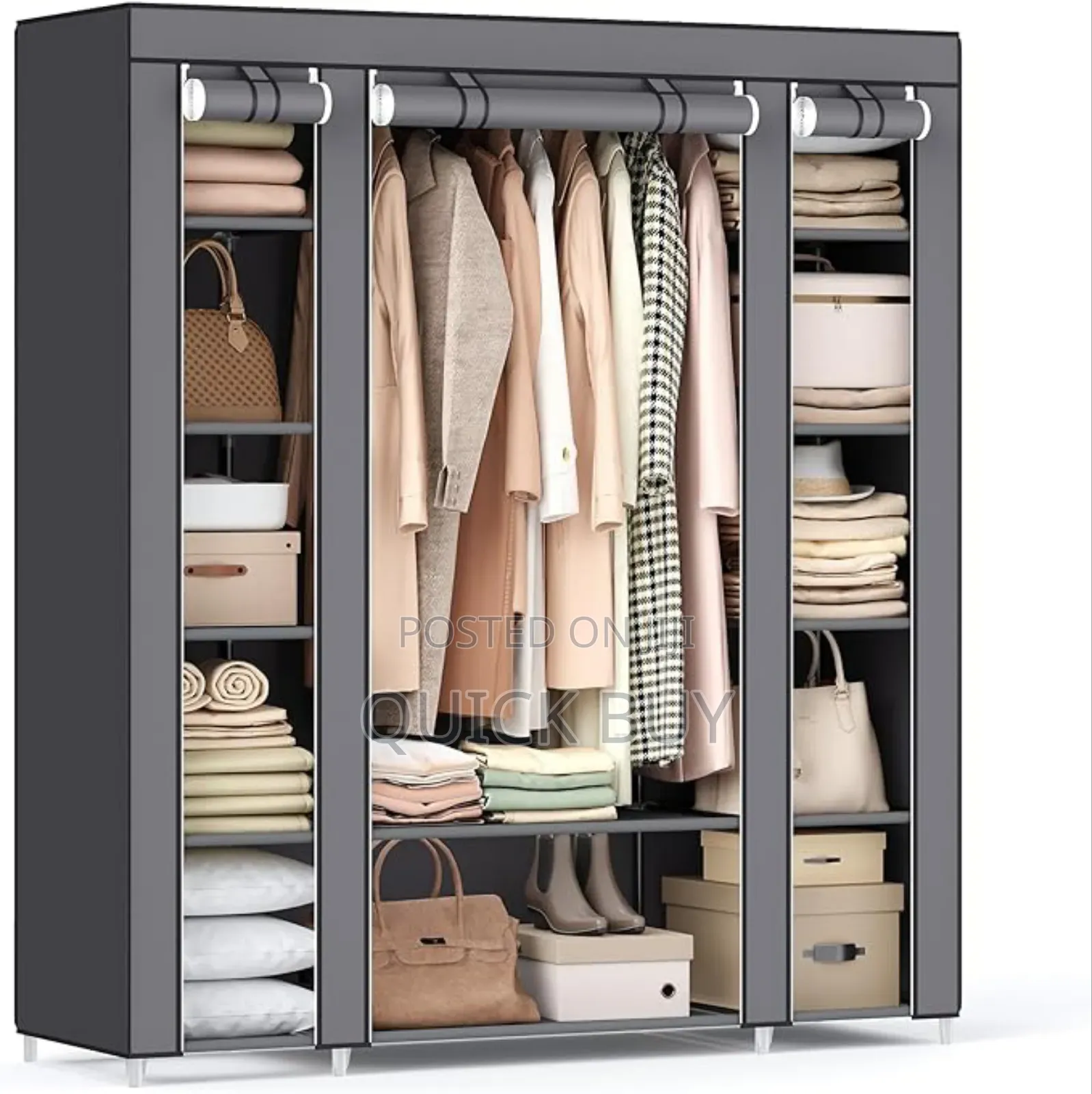 3 Folding Wardrobe, Fabric Closet With Jointed Metal Rods
